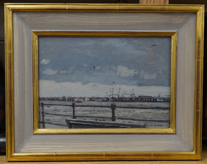 Ken Howard (1932-2022), oil on board, Harbour scene with docks, initialled K.H., 15 x 21cm, gilded frame. Provenance: New Grafton Gallery. Condition - good